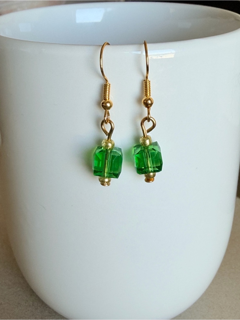 Dainty Earrings with Bright Green Crystal Cubes Minimalist Jewelry